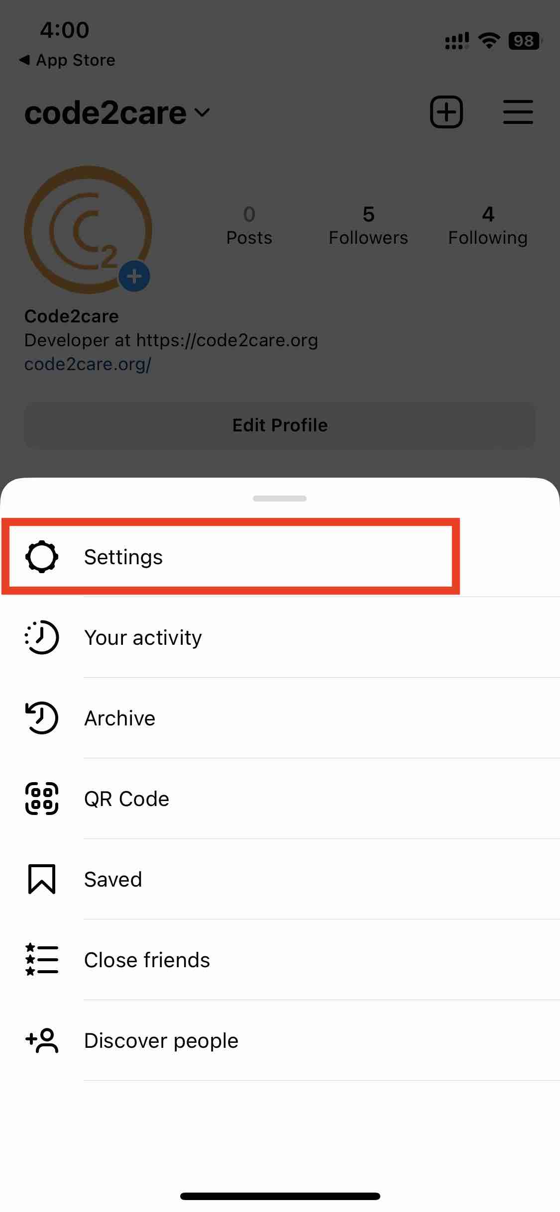 Select Settings on your Instagram Mobile App